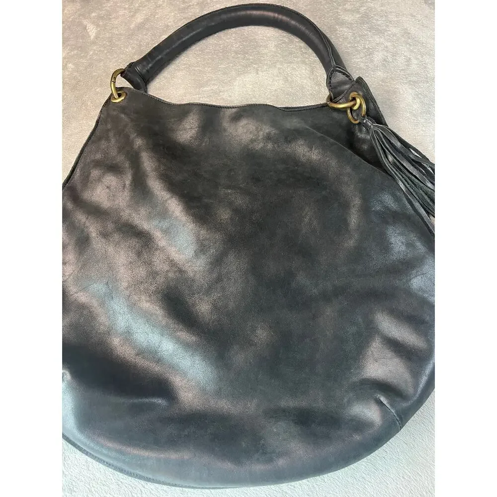 Chen & Derington Black Leather Hobo‎ Bag Tassel Shoulder Bag Brass Hardware